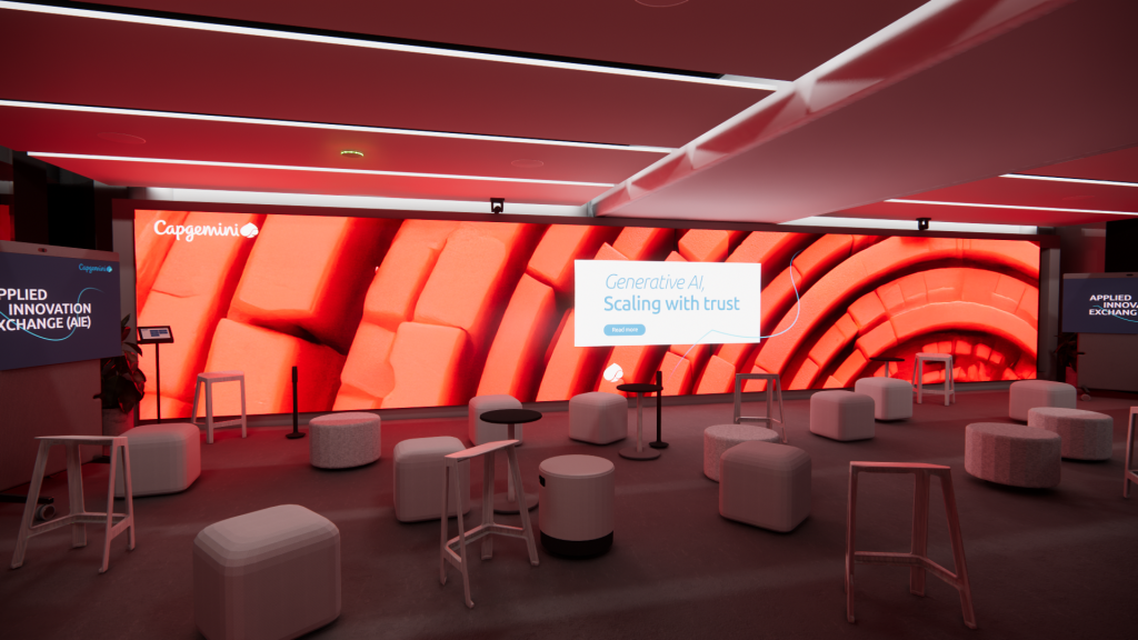 Render of Innovation Hub for Capgemini; a large LED video wall emits red light over a room with various seating.