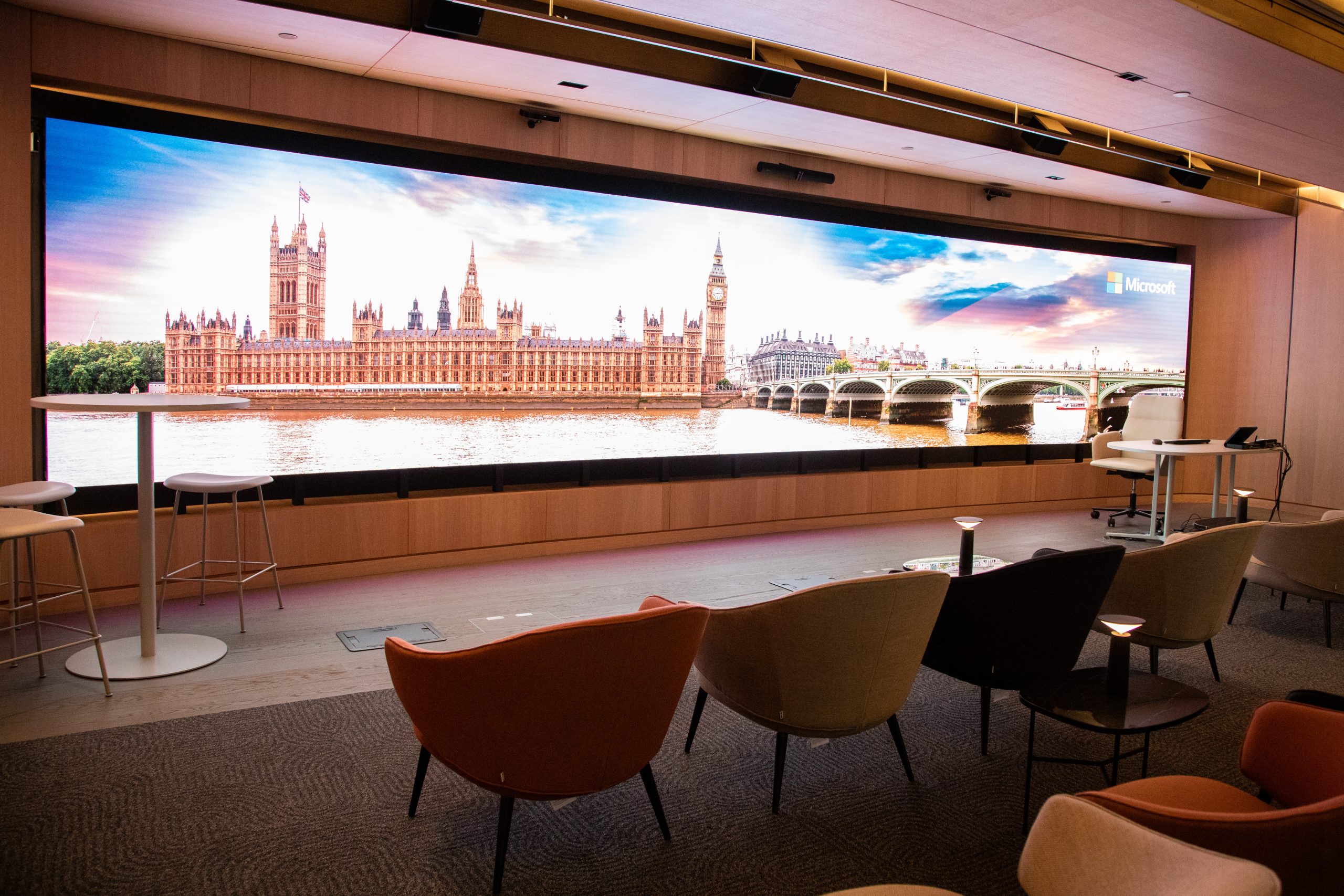 Microsoft Innovation Hub: A large LED wall spans across a room